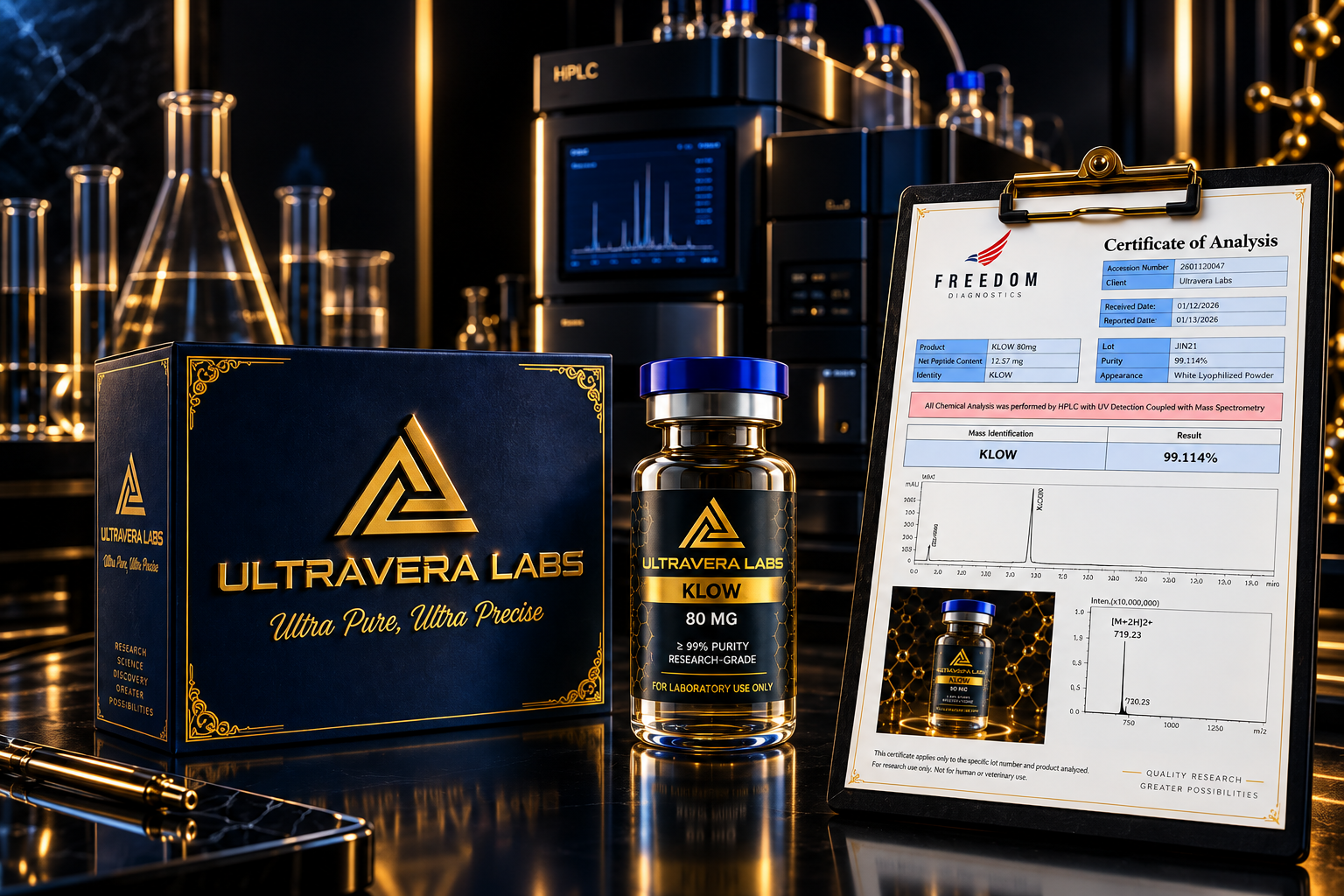 Ultravera Labs KLOW with a third-party Certificate of Analysis and HPLC instrumentation